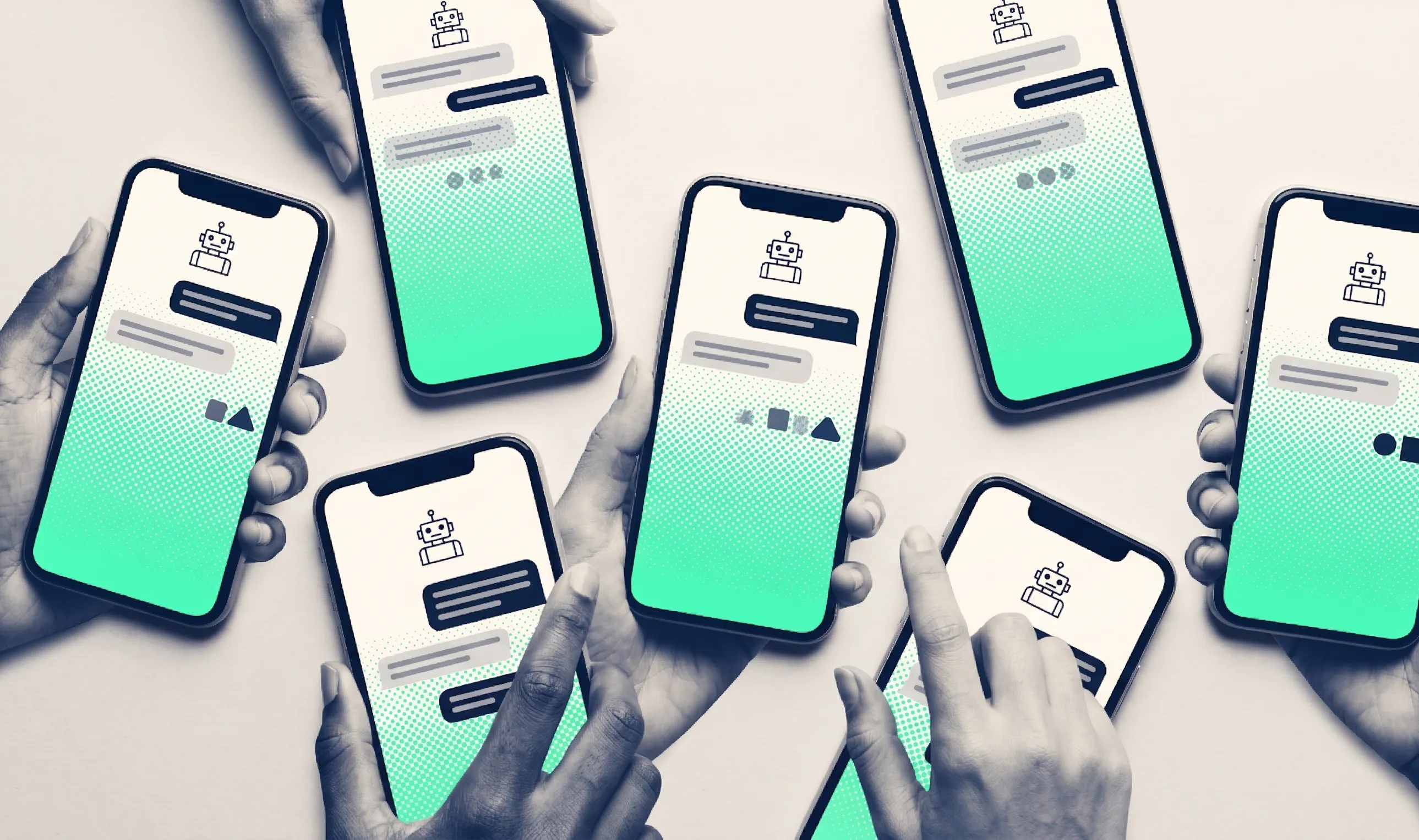 Mains tenant plusieurs smartphones avec chatbots IA — Shadow AI répandu dans la PME