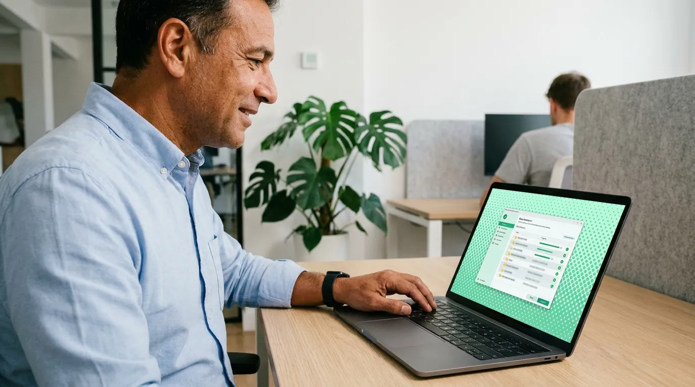 Dirigeant rassuré qui consulte son tableau de bord IT au bureau