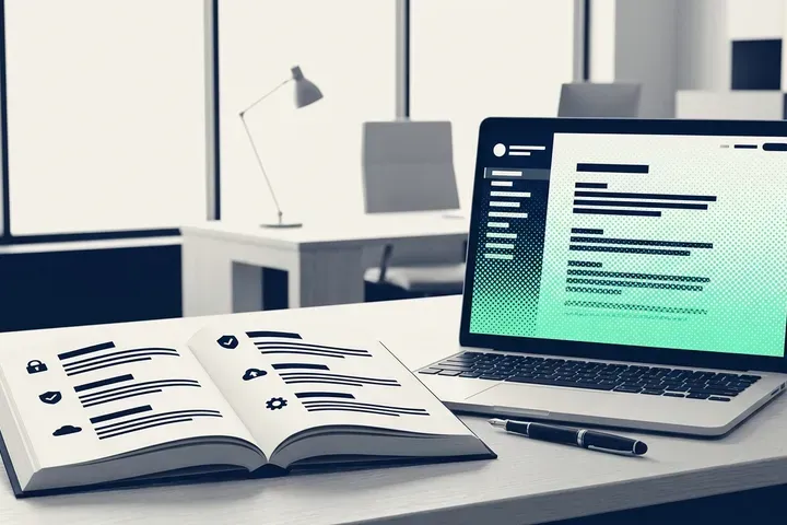 Lexique de vocabulaire informatique ouvert sur un bureau à côté d'un ordinateur portable