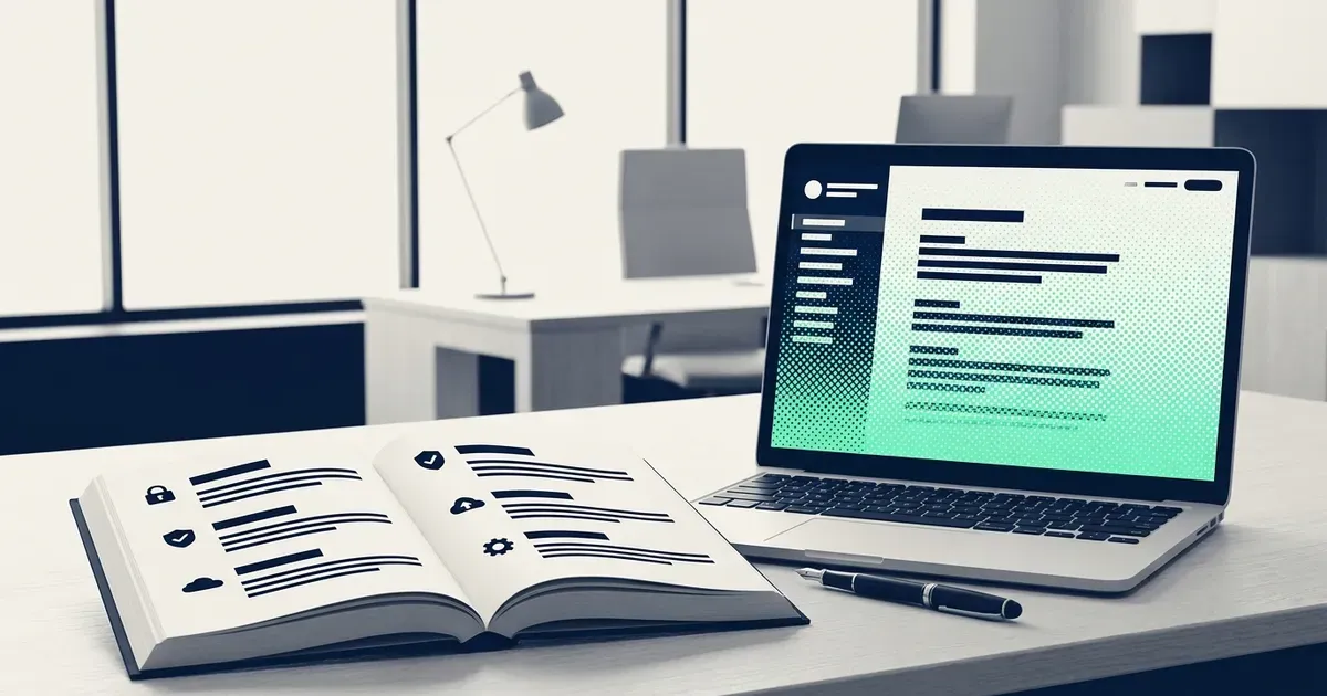 Lexique de vocabulaire informatique ouvert sur un bureau à côté d'un ordinateur portable